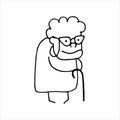 Vector drawing in the style of doodle. nice elderly woman, grandmother with glasses and with a cane. simple line drawing in cartoo